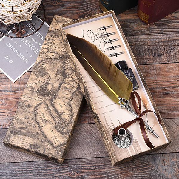 Antique Feather Calligraphy Pen & Ink Set - Quill Fountain Pen Writing Gift  Set