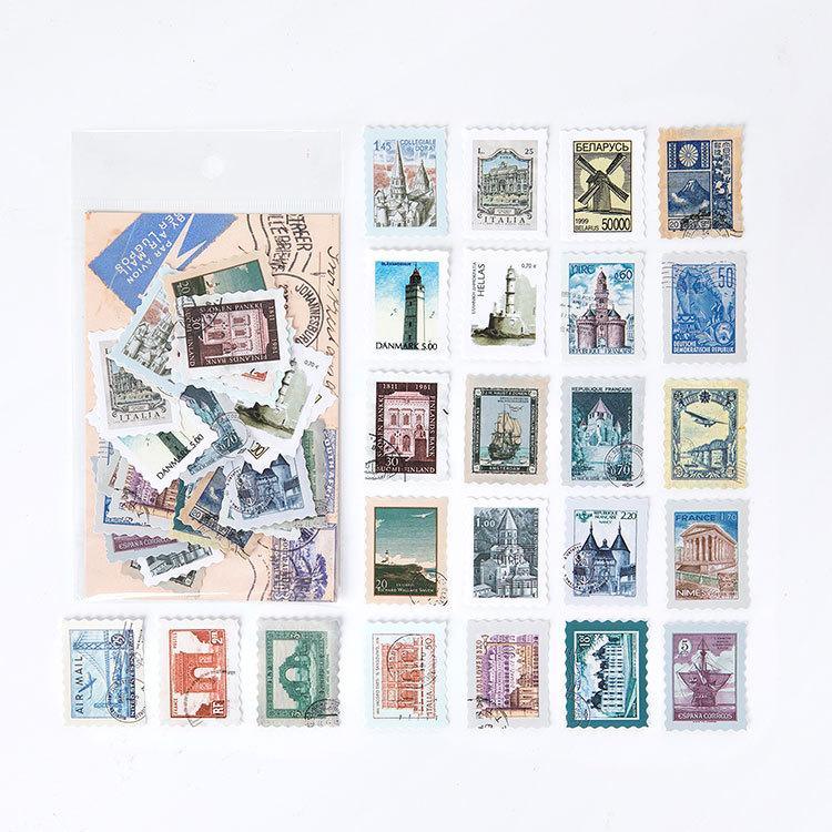 46Pcs Postage Stamp Coated Paper Stickers - Travel around the world - PaperWrld