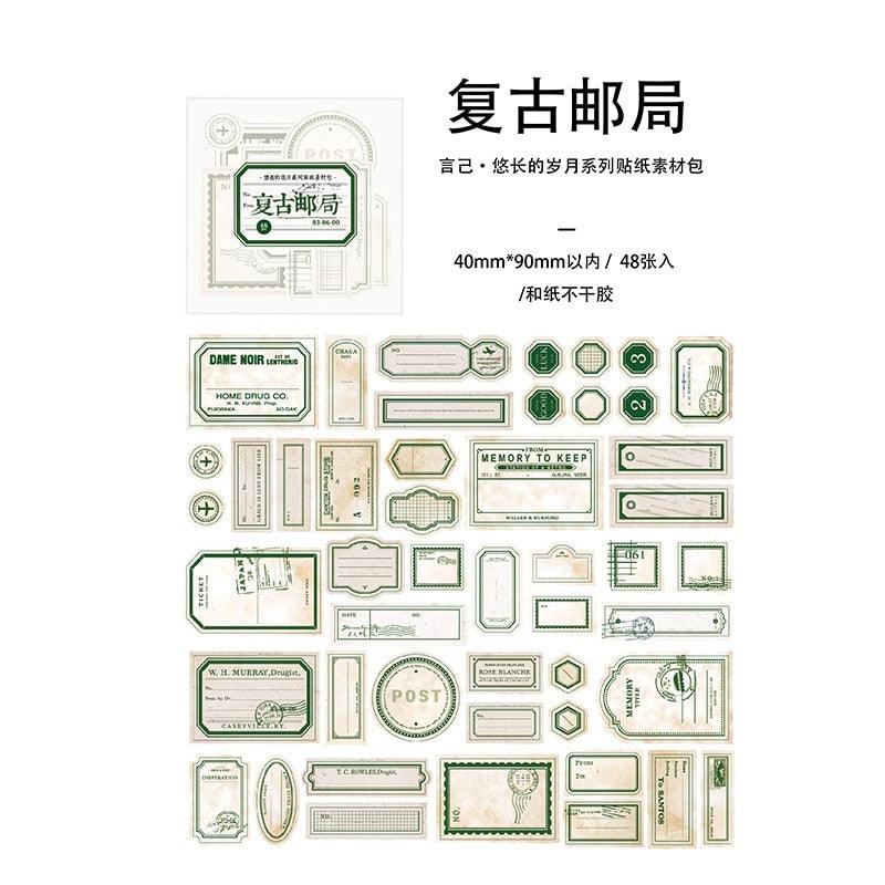 Dimi 48Pcs Times Series Material Paper Vintage Washi Paper Adhesive Label Stamp Stickers Retro Deco Scrapbooking Journal Diary for Journaling &amp; Scrapbooking - PaperWrld